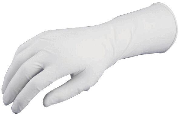Das Bild zeigt eine weiße, gummierte Hand, die in einer offenen Position gehalten wird. Die Hand hat fünf Finger und ist schlank gestaltet, typisch für einen Handschuh.