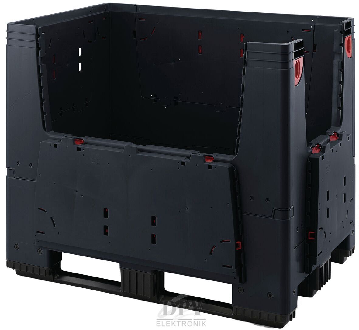 Das Bild zeigt eine schwarze, rechteckige Aufbewahrungsbox aus Kunststoff. Sie hat offene Seiten, eine flache Oberkante und rote Akzente an den Griffen. Der Boden ist stabil und hat eine strukturierte Oberfläche.