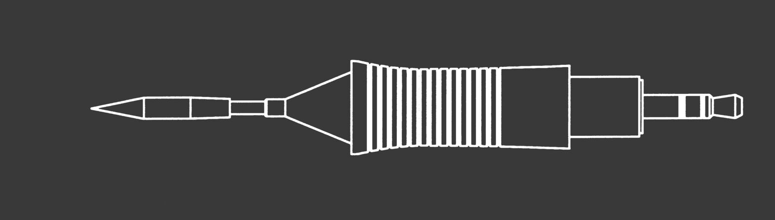 Das Bild zeigt eine schematische Zeichnung eines Stifts. Er hat eine spitze Mine, einen schmalen, konisch zulaufenden Körper und einen geriffelten Griff in der Mitte. Der Hintergrund ist dunkel.