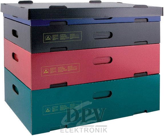 Das Bild zeigt vier stapelbare Aufbewahrungsboxen in verschiedenen Farben: Schwarz, Blau, Rot und Grün. Jede Box hat seitliche Grifföffnungen und ist aus festem Material gefertigt.