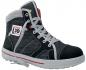 Preview: The shoe is a tall, sporty safety boot made of black material with gray textile. It has white laces, a sturdy rubber sole, and a red-white brand sticker.