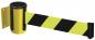 Preview: The image shows a security barrier with a yellow, horizontal band that is marked with black stripes. The band mechanism is mounted on a wall and can be rolled out.
