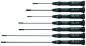 Preview: The image shows a series of black screwdrivers in various sizes, arranged from left to right. Each has a long, thin metal shaft and an ergonomic handle.