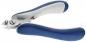 Preview: The image shows a nail clipper. It has a curved shape with blue, ergonomic handles and a metallic cutting edge at the tip. The clipper is designed for precise cutting.