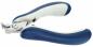 Preview: This is a nail clipper with ergonomically shaped handles. The handles are blue and partially softly padded. The cutting blade is made of metal and sharp.