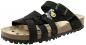 Preview: The shoe is a black sandal with two wide straps made of matte material and one strap with a buckle. The sole is made of brown cork with a non-slip bottom.