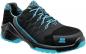 Preview: The shoe is black with blue accents. It has a sporty shape, a sturdy sole, and a padded lining. Laces are included, making it adjustable.