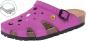 Preview: The shoe is a purple clog with high sides and large, round ventilation holes. It has an adjustable strap and a textured sole that provides good traction.