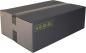 Preview: The image shows a rectangular, black cardboard box with a matte finish. It has two wide adhesive tapes on top and a yellow sticker label on the side.