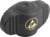Preview: The image shows a black ESD hand switch. It has an oval shape with lateral elevations and a central, circular button. A yellow symbol with the text "ESD" is clearly visible.