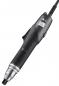 Preview: The image shows a black electric hand tool with a round, metallic shiny head. It has a handle and a cord. There are several buttons and a small light on the body.