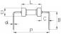 Preview: The image shows a technical drawing of a component with two lateral pins and a central connection. Dimensions for D, L, C, P, B, and d are provided.