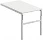 Preview: The image displays a simple, white table with a rectangular tabletop and two sturdy, white metal legs. It has a modern, minimalist shape.