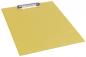Preview: The image shows a yellow clipboard. It has a smooth, rectangular shape with a metallic clip at the top to secure paper. The surface is solid-colored and glossy.
