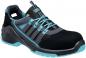 Preview: The shoe is a safety shoe with a black surface and blue accents. It has a sturdy sole, laces, and reinforced toe protection for secure fit and protection.