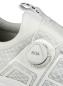 Preview: The image shows a white sports shoe with an innovative quick-lacing system. In the center, there is a round twist lock labeled "BOA" that adjusts the lacing.