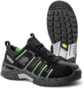 Preview: The image shows a black safety shoe with green accents. It has a sturdy rubber sole with a textured profile and reinforced toes for added protection.