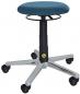 Preview: The chair has a round, blue seat and an adjustable height. It stands on a stable base with five casters, ideal for flexible movement. The base is made of metal and is black.
