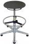 Preview: The image shows an adjustable stool with a round, black seat. The base is made of chromed metal and has five casters for mobility. A ring in the middle provides stability.
