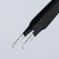 Preview: The image shows a black painted metal tweezer. The tips are narrow and flat, ideal for precise gripping. The background is bright and solid-colored.