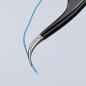 Preview: The image shows a pair of tweezers with a black handle. It is holding a thin blue wire that is slightly bent. The background is light and unobtrusive.