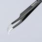 Preview: The image shows a sharp, metallic tweezer with two curved tips. It is painted black and has the inscription “KNIPEX” on one side.