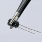 Preview: The image shows a pair of pliers holding a small, round, black component with two protruding wires. The component has a smooth surface and bears an inscription.