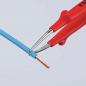 Preview: In the picture, there are red pliers holding a blue insulation wire. The insulation is partially removed, exposing a copper wire.