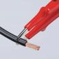 Preview: The image shows a black cable insulation that has been cut open. A red-painted wire cutter is attached to the exposed copper wire. The wire is copper-colored and thin.