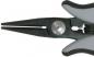 Preview: The image shows the tip of a pair of pliers with narrow, pointed jaws. It has a gray plastic handle and a black body. In the center, there is a screw for adjustment.