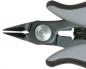 Preview: The image shows a pair of pliers with narrow, pointed jaws. It has gray rubber grips and a small silver screw closure in the middle that connects the joints.