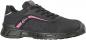 Preview: It is a black sports shoe with a textured surface. It has a pink line and a thick, black sole for good grip and cushioning. The toe is reinforced.