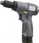 Preview: The image shows a gray cordless drill with a black attachment. It features a handle with a yellow trigger button and an elongated, round end suitable for screws.
