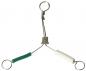 Preview: The image displays a three-pronged metal clip. In the center, there is a coiled wire from which two wires with colored plastic handles (green and white) extend. At the top, there is a loop.