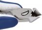 Preview: The image displays a nail scissors with a sharp, pointed metal blade and a blue, rubberized handle. The blade is slightly open, ready for cutting.