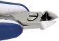 Preview: Das Bild zeigt eine metallische Nagel- oder Drahtzange. Sie hat eine scharfe, gebogene Kante und ergonomische Griffe in Blau und Weiß. Ideal zum Schneiden kleiner Teile.