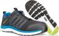 Preview: Das Bild zeigt einen sportlichen Schuh in Schwarz mit blauen und grünen Akzenten. Die Sohle ist profiliert und hat unterschiedliche Strukturen für guten Halt.