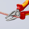 Preview: The image shows a pair of pliers with red and yellow handles gripping a copper-colored wire. The jaws of the pliers are metallic and finely crafted for precise gripping or cutting.
