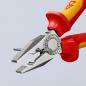 Preview: The image shows a pair of pliers with red-yellow plastic handles. The tip of the pliers is flat and has a grooved surface. A metal pin is placed between the jaws.