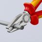 Preview: The image shows a pair of pliers gripping a gray cable bundle with several colorful wires in the middle. The handle is red and yellow, made of insulating material.