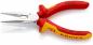 Preview: The image shows a pair of pliers with red and yellow handles. The jaws of the pliers are made of shiny metal and are pointed. They are insulated for electrical work (1000 V).