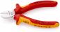Preview: The pliers have red and yellow handles with non-slip material. The cutting edge is silver and pointed. It is suitable for electrical use (1000 V) and bears the KNIPEX logo.
