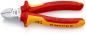 Preview: The image shows a two-sided pliers with red handles and yellow accents. The cutting edge is metallic and has a slightly curved shape, suitable for cutting wires.