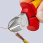 Preview: The image shows a hand holding a pair of side cutters. The blades are cutting through a thin copper wire connected to an insulated green and yellow cable.