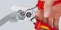 Preview: The image shows a hand holding a pair of pliers. The pliers have red and yellow handles and a shiny, silver tip with a circular opening area, ideal for cutting wires.