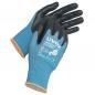 Preview: The image shows a pair of work gloves. They have a black palm and fingers, while the back of the hand is in a light blue. There is an orange edge at the wrist.