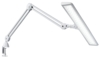 Preview: The image shows a white desk lamp with a flexible arm. The lampshade is rectangular and flat. The lamp is attached to the table with a clamp.