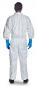 Preview: The image shows a person from behind wearing a white protective suit and blue rubber gloves. The suit is loosely fitted, and the person is standing against a neutral background.