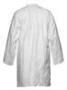Preview: The image shows a white coat made from a lightweight material. It has long sleeves and a simple, round collar. The coat is viewed from the back and appears practical and functional.