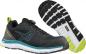 Preview: The image shows a pair of black sports shoes with light blue and lime green accents. They have a smooth surface, a sleek shape, and a textured sole with deep tread grooves.